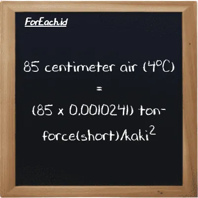 Cara konversi centimeter air (4<sup>o</sup>C) ke ton-force(short)/kaki<sup>2</sup> (cmH2O ke tf/ft<sup>2</sup>): 85 centimeter air (4<sup>o</sup>C) (cmH2O) setara dengan 85 dikalikan dengan 0.0010241 ton-force(short)/kaki<sup>2</sup> (tf/ft<sup>2</sup>)